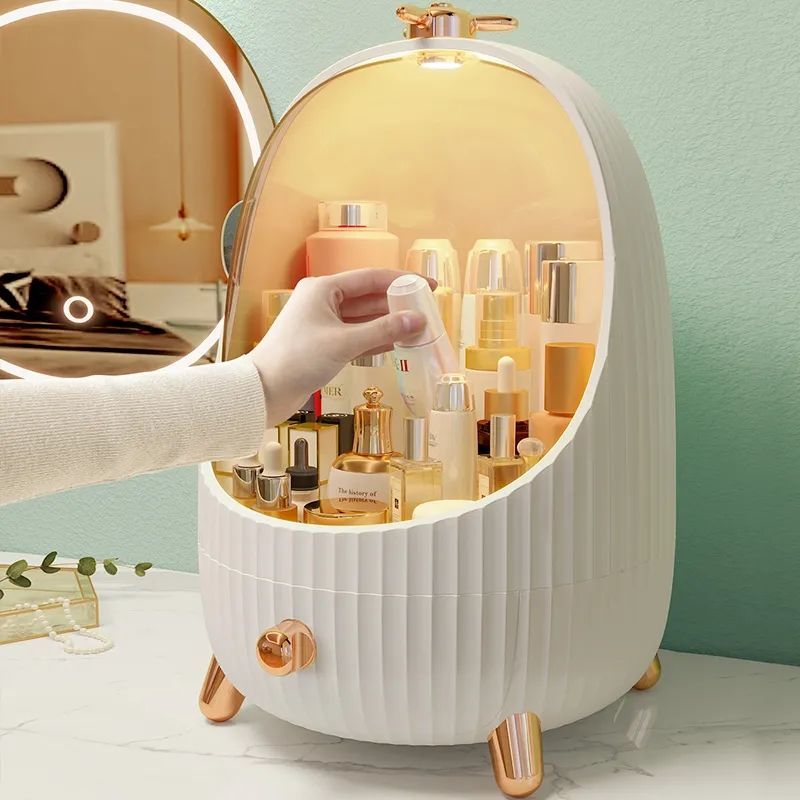 Large Round Cosmetic Makeup Organizer Storage Box with Light