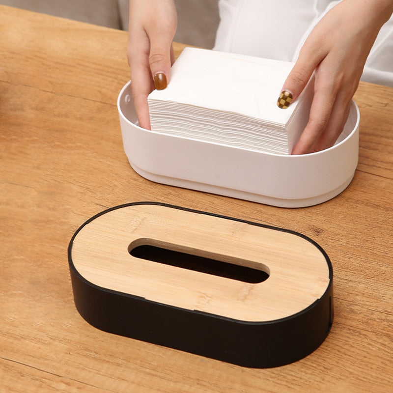 Wooden Cover Plastic Tissue Storage Box