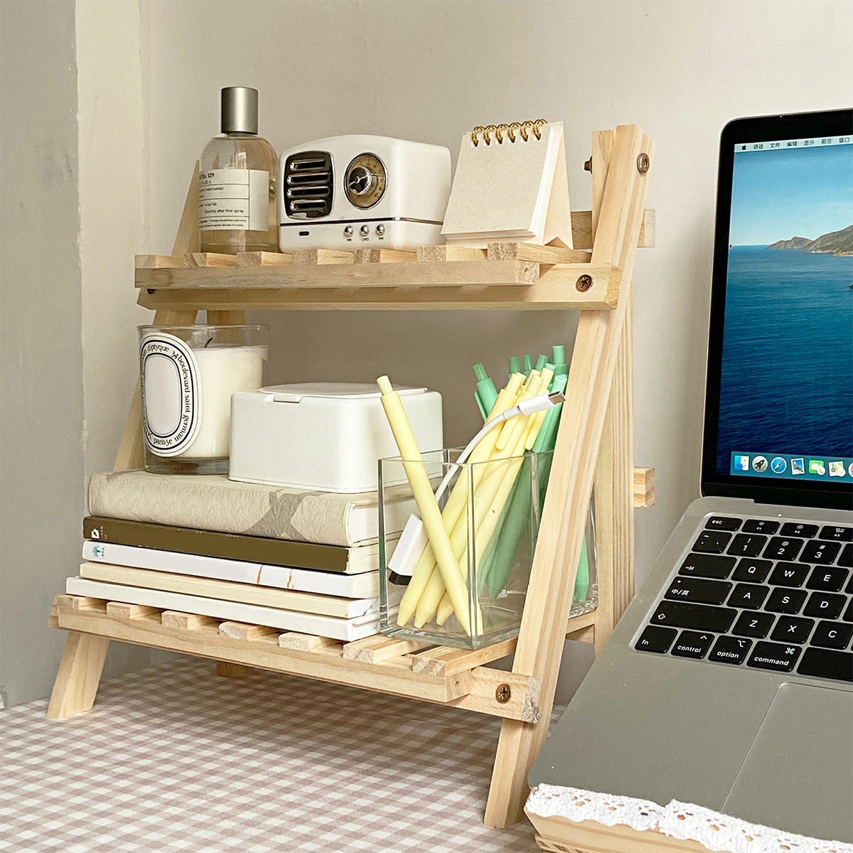 Wooden Double-Layer Multifunctional Storage Desktop Shelf Rack