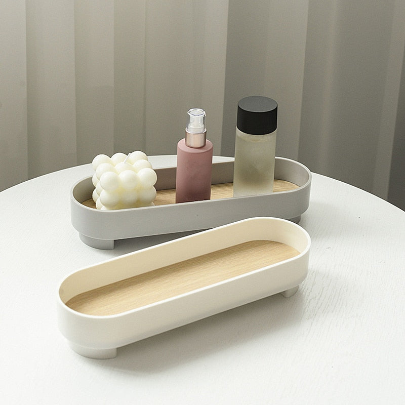 Rounded Rectangle Wooden Base Storage Tray Organizer