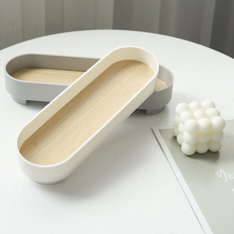 Rounded Rectangle Wooden Base Storage Tray Organizer