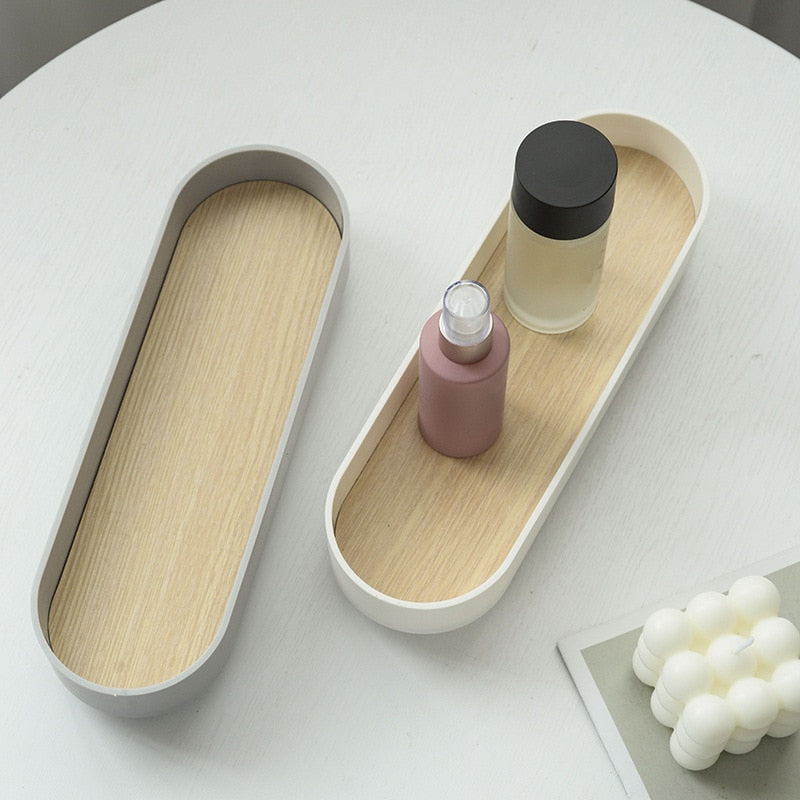 Rounded Rectangle Wooden Base Storage Tray Organizer